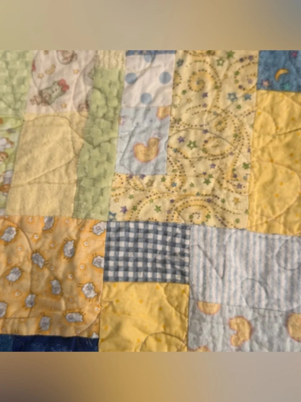 Handmade Patchwork Brick Throw Quilt Patch Yellow Blue Green Farm Animals 44x44